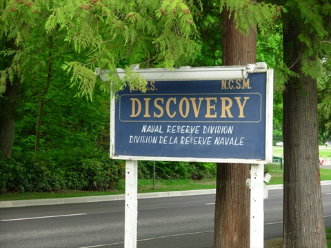 HMCS Discovery Naval Reserve sign in Stanley Park, Vancouver, BC, Canada