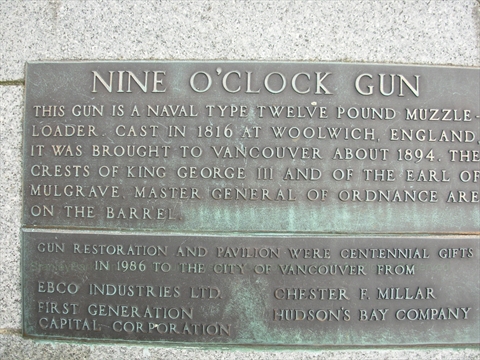 Nine O'Clock Gun plaque in Stanley Park, Vancouver, BC, Canada