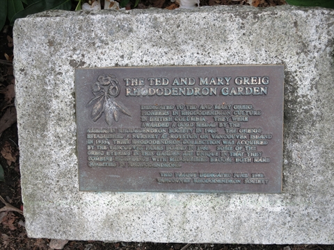 Ted and Mary Greig Rhododendron Garden plaque in Stanley Park, Vancouver, BC, Canada