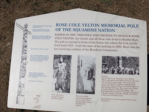 Rose Cole Yelton Memorial Totem Pole plaque in Stanley Park, Vancouver, BC, Canada