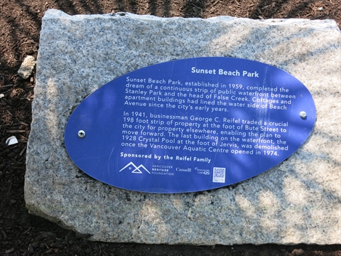Sunset Beach park plaque in English Bay, Vancouver, BC, Canada
