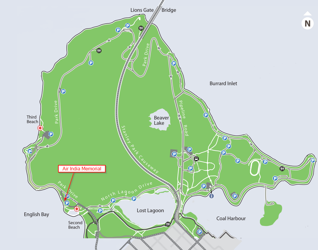 Map showing location of Air India Memorial in Stanley Park, Vancouver, BC, Canada