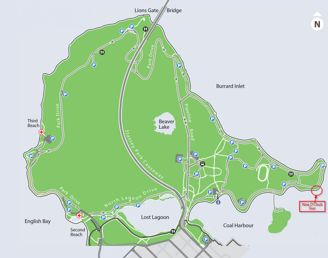 Map showing location of Nine O'Clock Gun in Stanley Park, Vancouver, BC, Canada