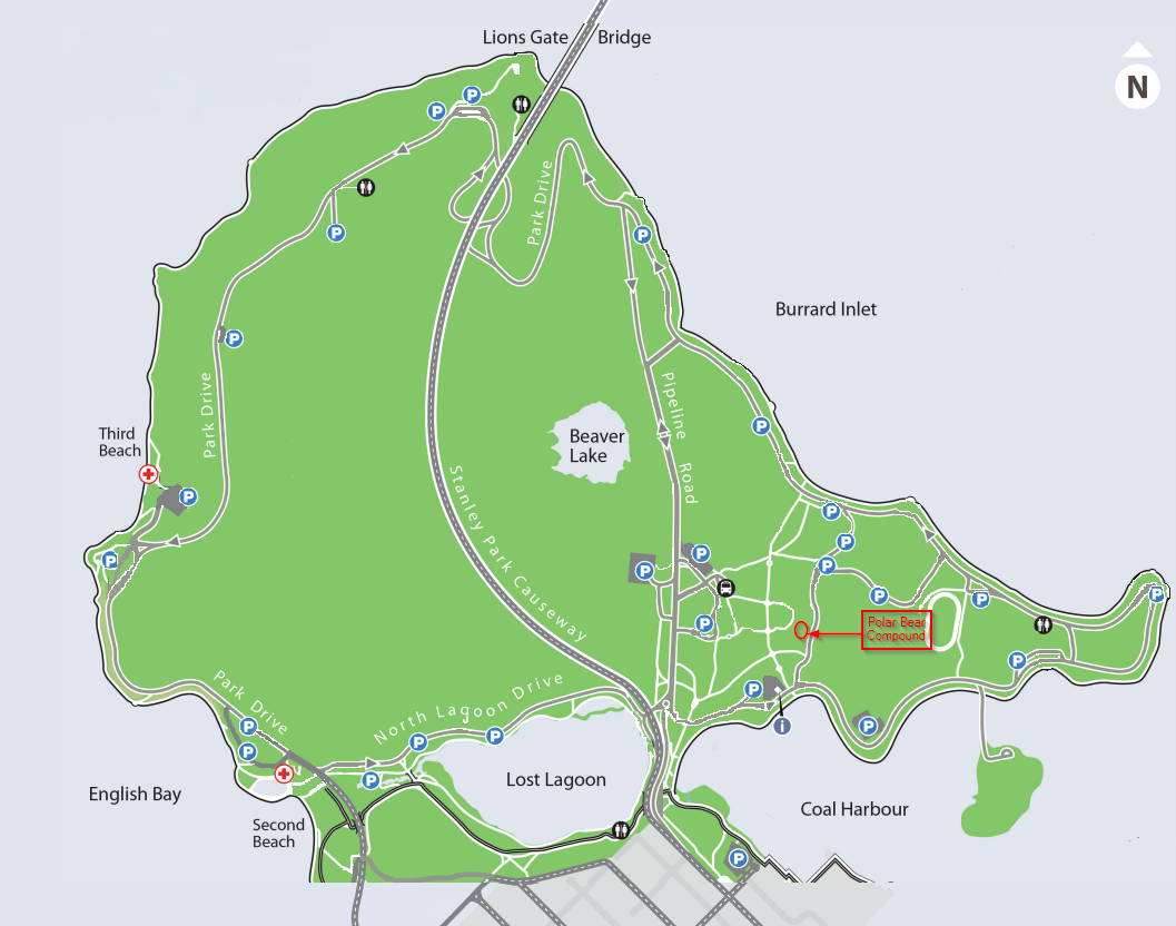 Map showing location of Polar Bear Compound in Stanley Park, Vancouver, BC, Canada