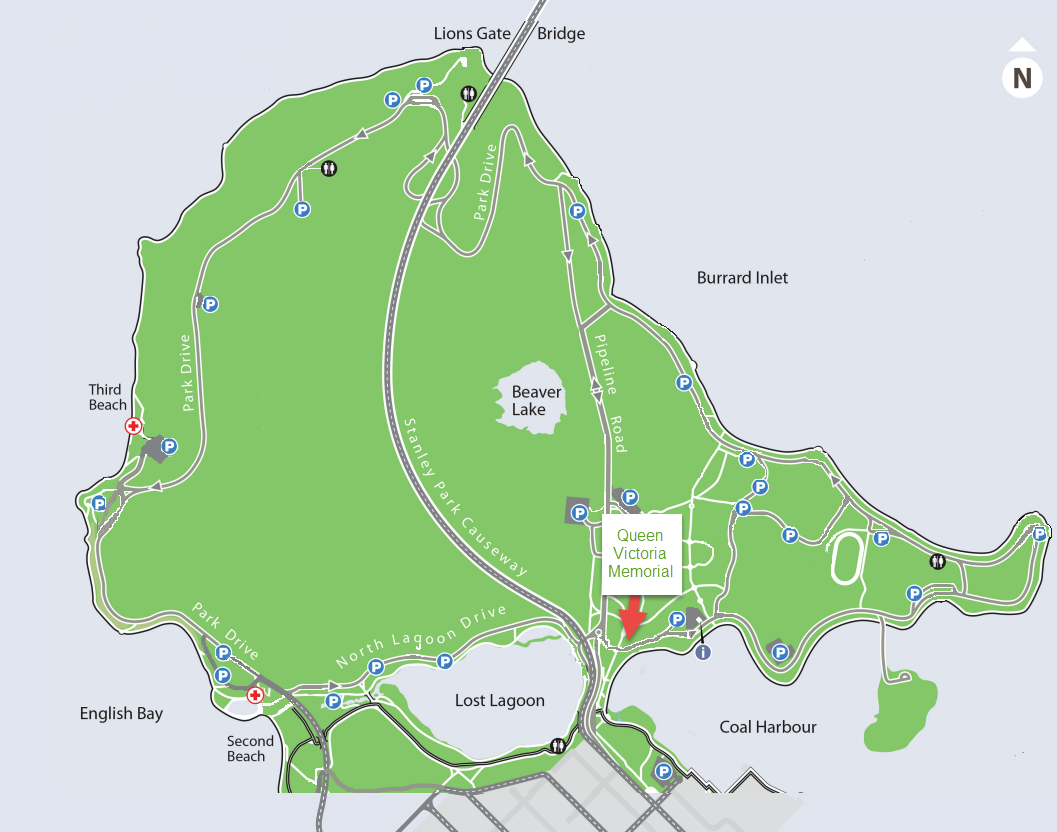 Map of where Queen Victoria Memorial is in Stanley Park, Vancouver, BC, Canada