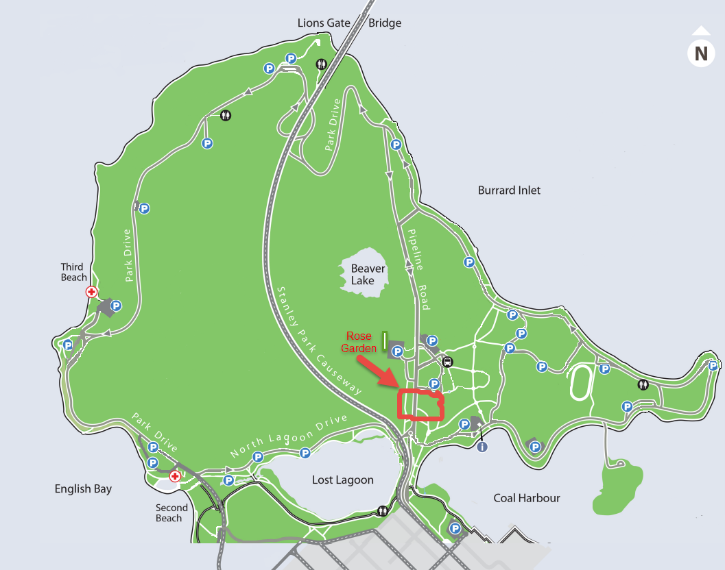 Map of where Rose Garden is in Stanley Park, Vancouver, BC, Canada