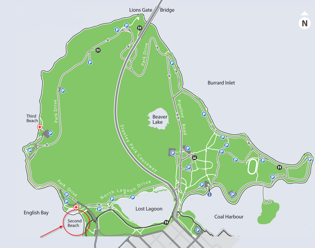 Map showing location of Second Beach in Stanley Park, Vancouver, BC, Canada