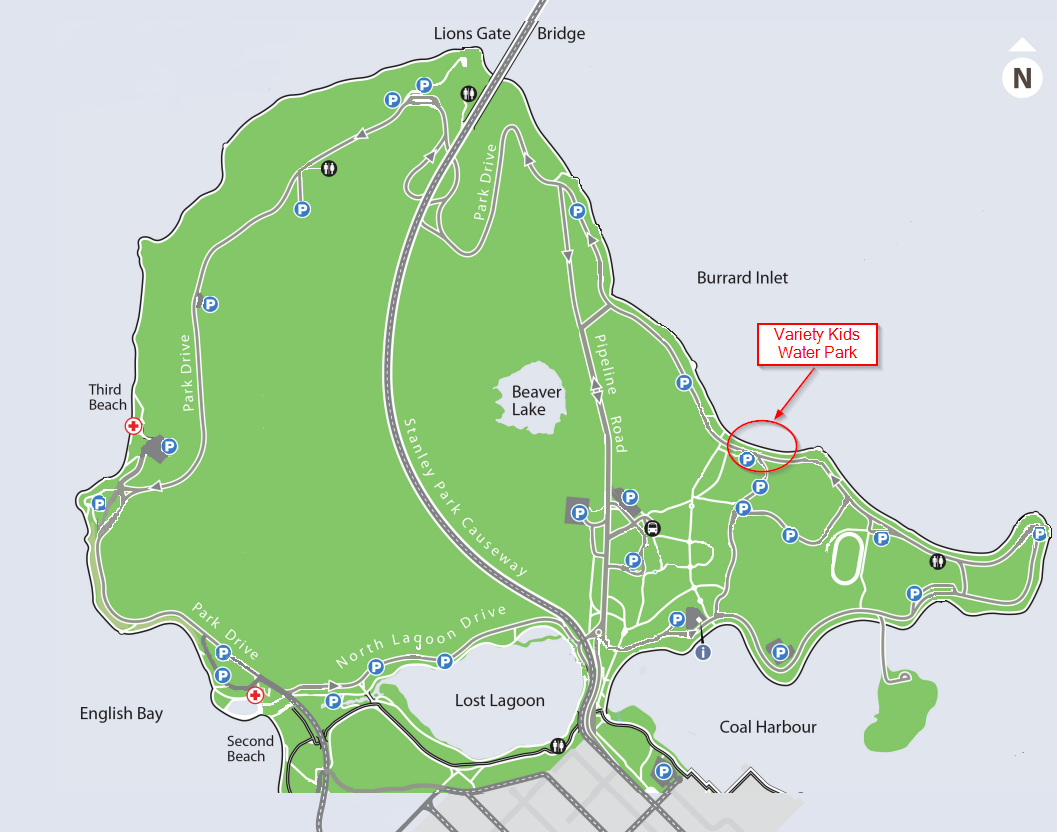 Map showing location of Variety Kids Water Park in Stanley Park, Vancouver, BC, Canada