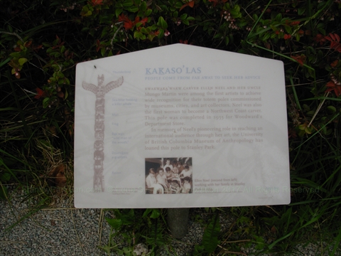 Kakaso'Las Totem Pole plaque in Stanley Park, Vancouver, BC, Canada