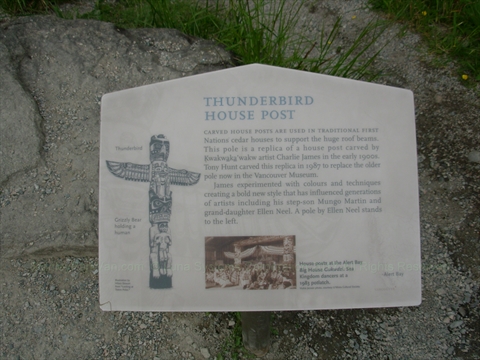 Thunderbird House Post Totem Pole plaque in Stanley Park, Vancouver, BC, Canada