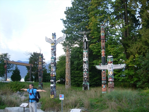 Totem Poles and Welcome Gateway in Stanley Park, Vancouver, British Columbia Canada