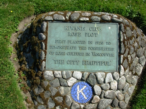 Kiwanis plaque in Rose Garden in Stanley Park, Vancouver, BC, Canada