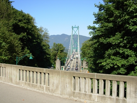 Lions Gate Bridge from overpass in Stanley Park, Vancouver, BC, Canada