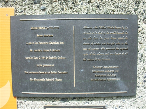 Killer Whale-Chief of the Undersea World Statue plaque in Stanley Park, Vancouver, BC, Canada