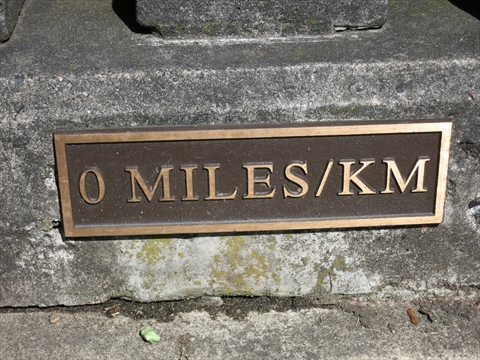 0 km marker on Stanley Park seawall, Vancouver, BC, Canada