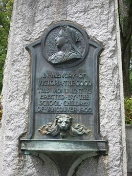 plaque on Queen Victoria memorial in Stanley Park