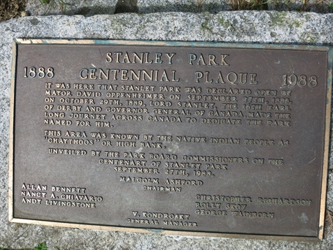 Stanley Park Centennial Plaque at Chaythoos