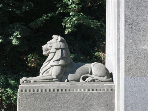 Lions at entrance to Lions Gate bridge in Stanley Park, Vancouver, BC, Canada