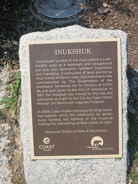 Inukshuk Monument plaque at English Bay, Vancouver, BC, Canada
