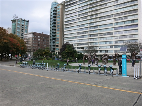 Mobi bicycle station at English Bay, Vancouver, BC, Canada
