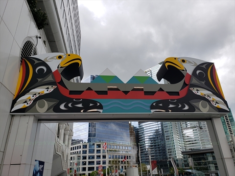 Salish Sea, the Journey Begins archway at Canada Place in Vancouver, BC, Canada