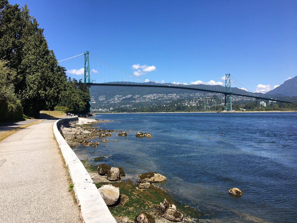 Lions Gate Bridge viewed from seawall in Stanley Park, Vancouver, BC, Canada