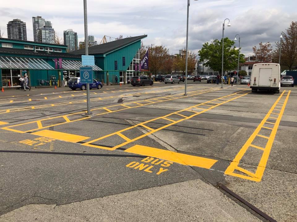 Tour Bus parking on Granville Island, Vancouver, BC, Canada