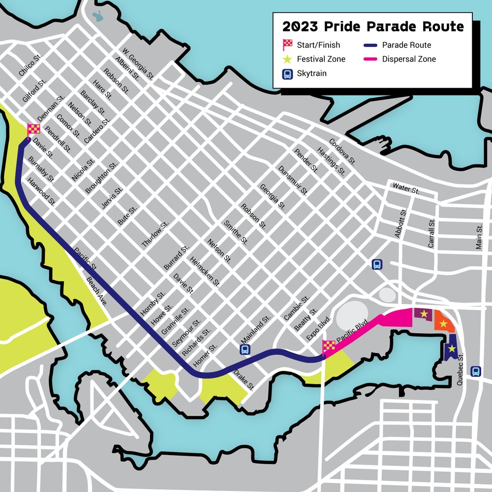 2023 Vancouver Pride Parade Route in Vancouver, BC, Canada