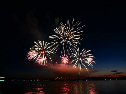 Celebration of Lights Fireworks launch over English Bay shoreline in Vancouver, BC, Canada