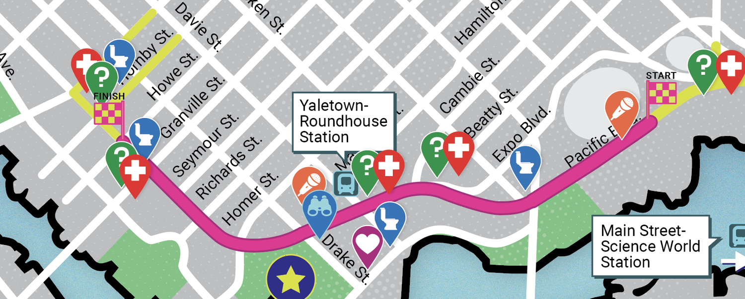 Map tracking the updated route alignment layout for the 2026 Vancouver Pride Parade